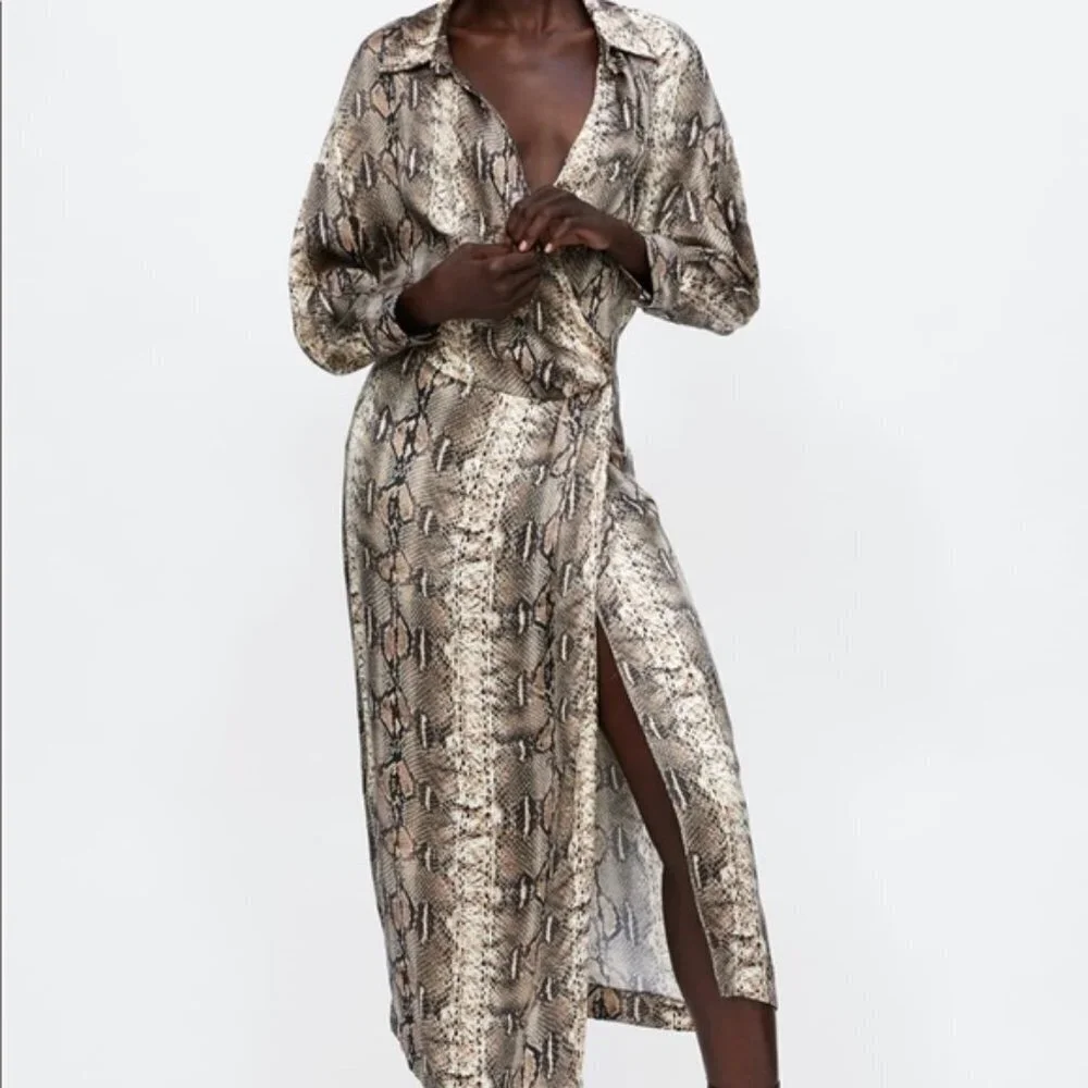 ZARA FLOWING V-NECK SNAKESKIN PRINT LONG SHIRT DRESS | Size Small - Picture 1 of 16